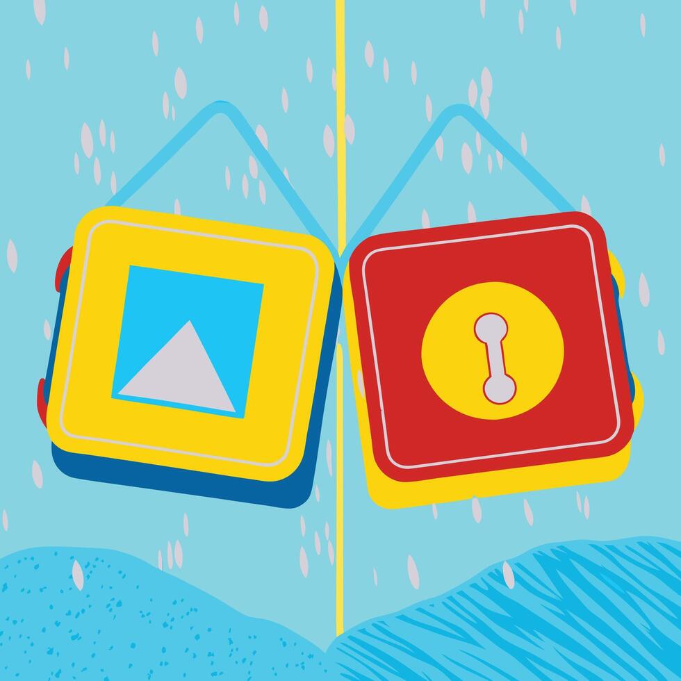 Abstract Shapes, Hanging Blocks, Bright Colors, Geometric Design, Upward Arrow, Information Icon, Yellow, Red, Blue, Square Pattern vector