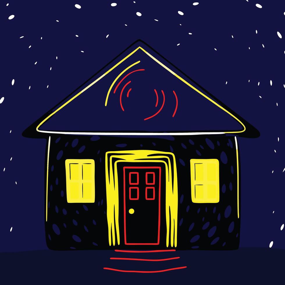 Night House, Illuminated Windows, Starry Sky vector