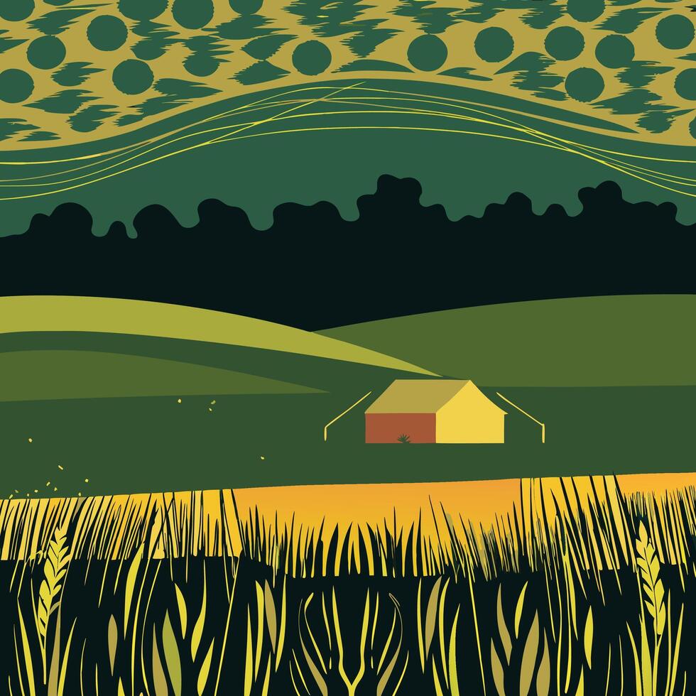 Abstract Rural Landscape House in a Field of Wheat vector