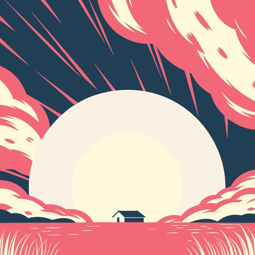 House on the Lake at Sunset Abstract Landscape Art vector