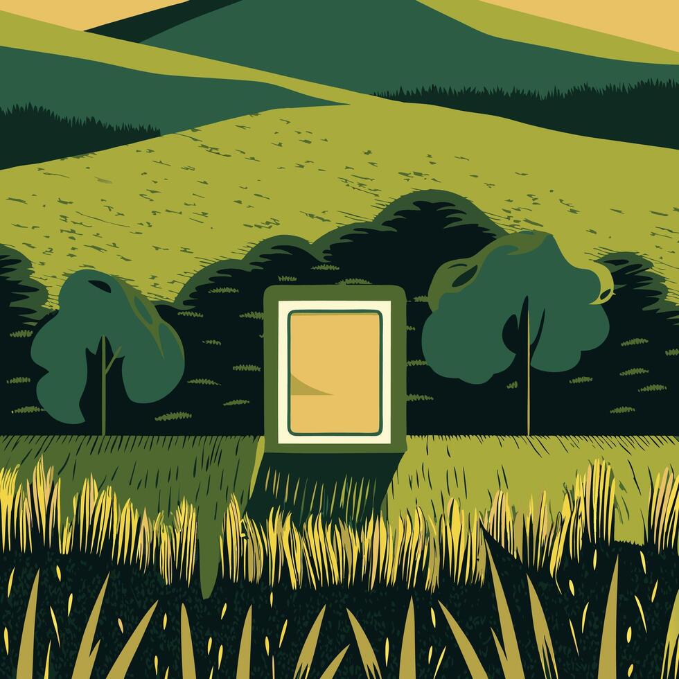 Serene Landscape Green Hills, Trees, and Grass vector