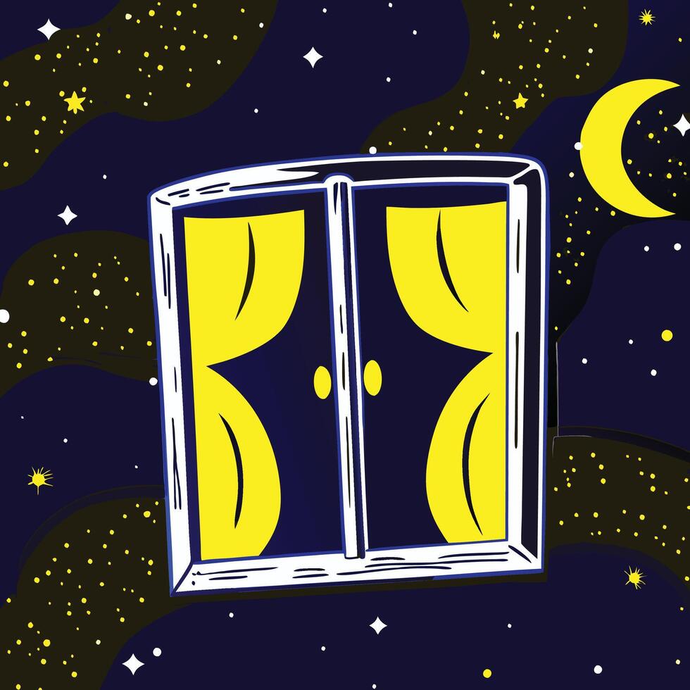 Night Sky View from Window with Yellow Curtains vector