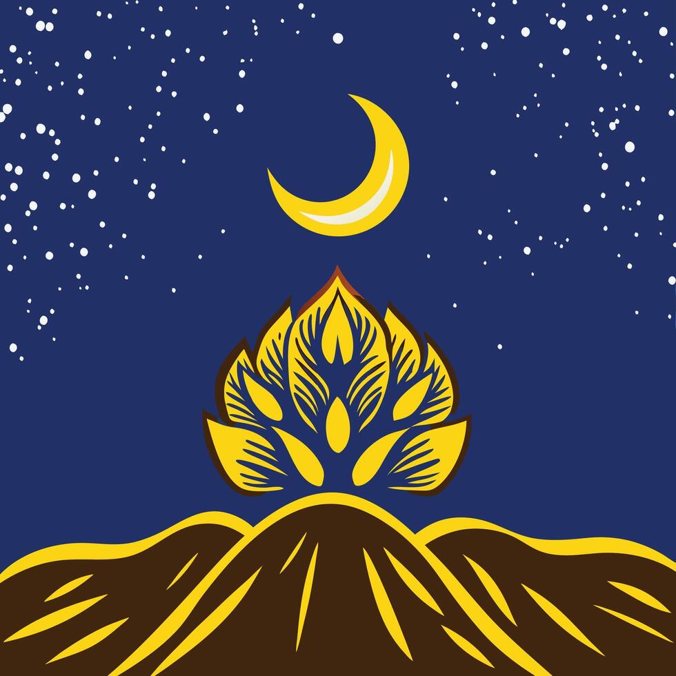 Night Sky, Crescent Moon over Mountain and Tree of Life vector