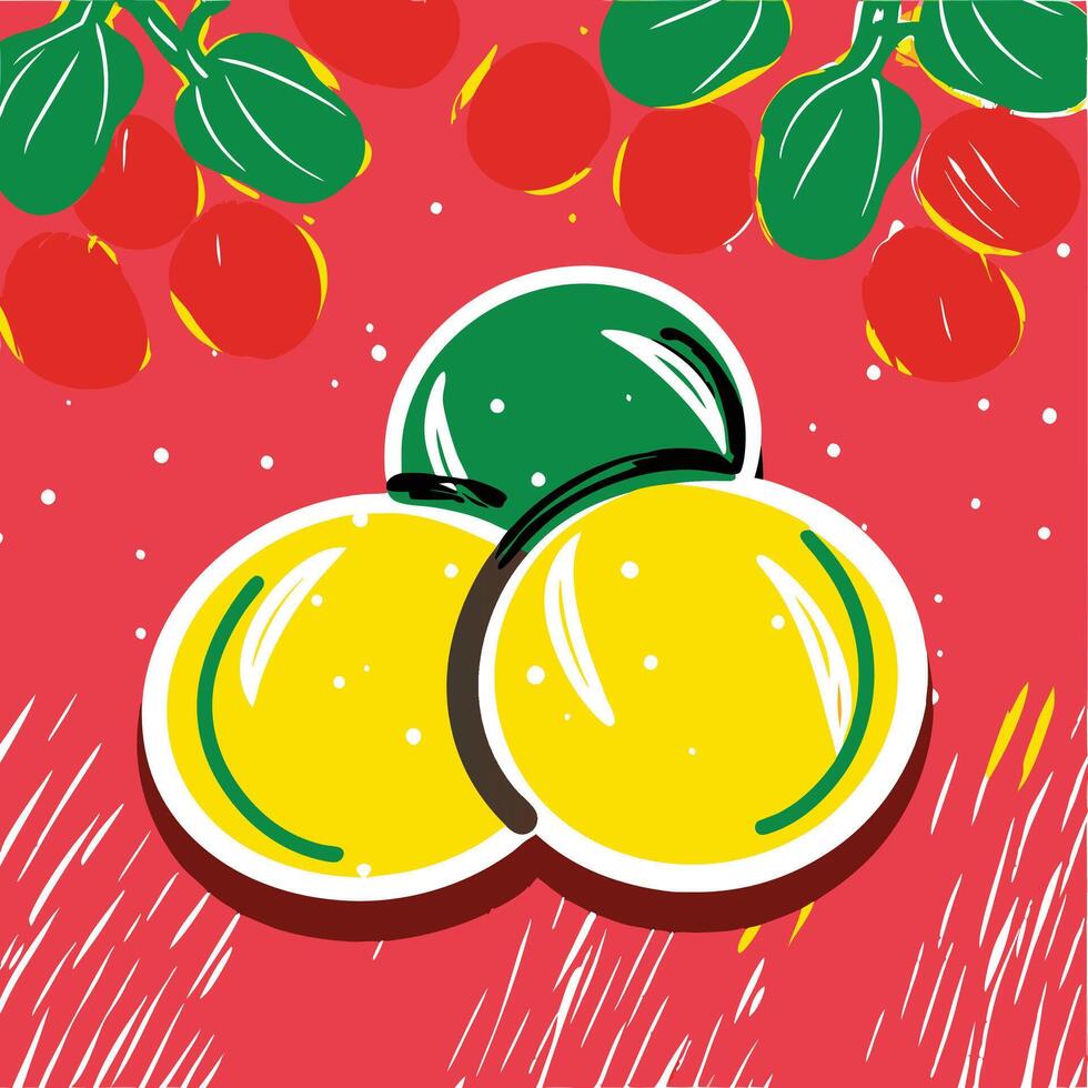 Abstract Fruit Cluster Yellow and Green Circles on Red Background vector