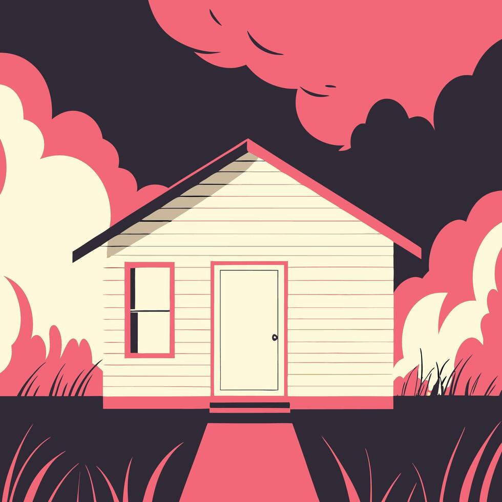 Small House, Pink Sky, Grass A Minimalist Home Illustration vector