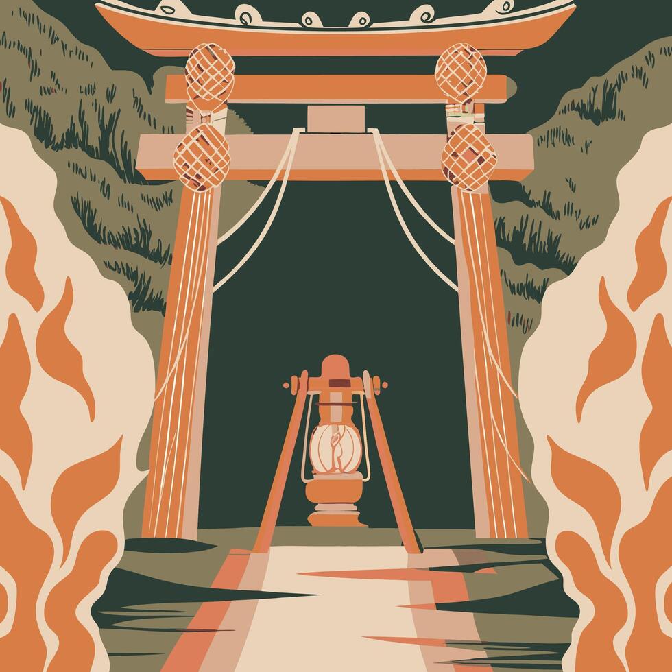 Tranquil Asian Gate and Lantern A Serene Landscape vector