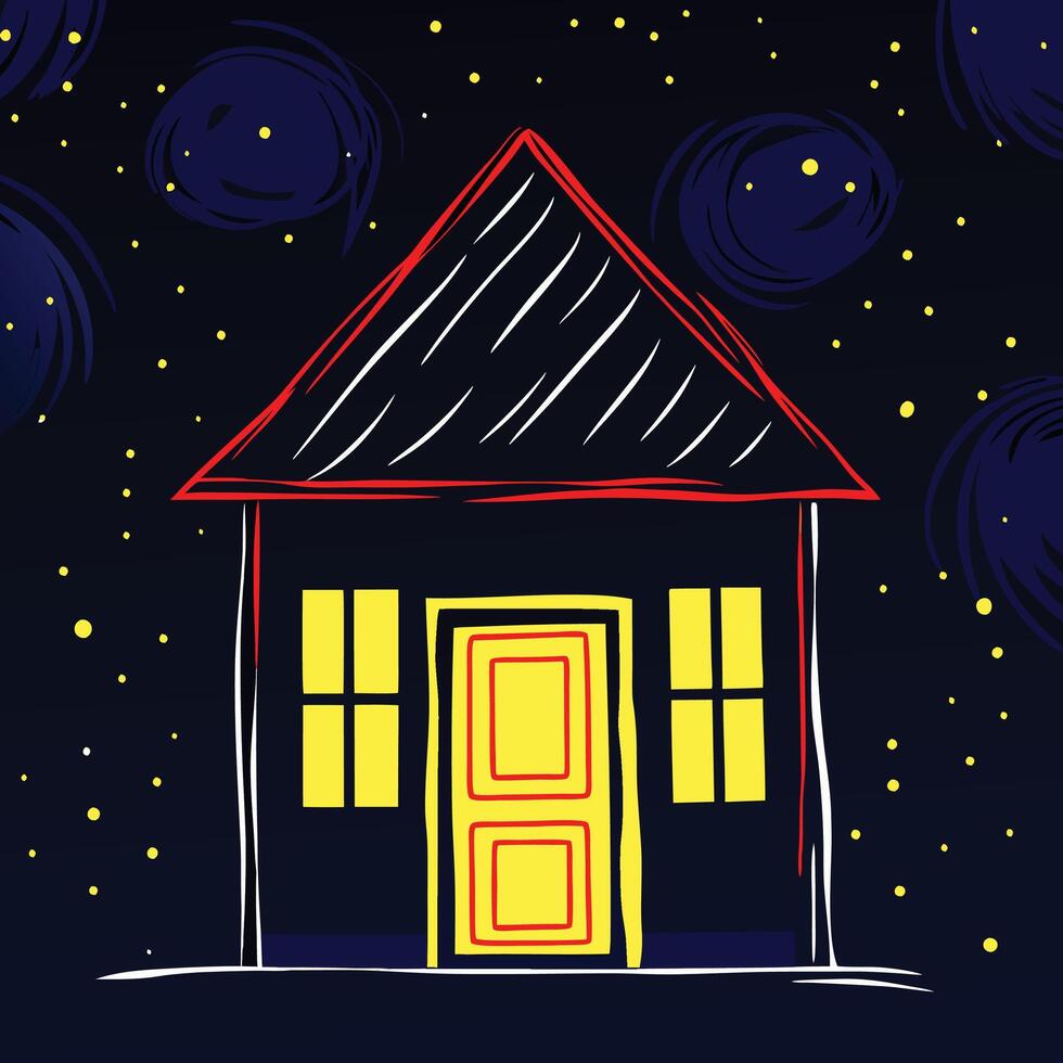Night House, Illuminated Windows, Starry Sky vector