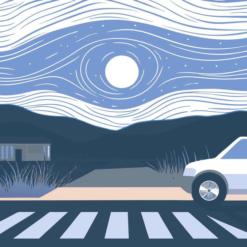 Night Drive Car at Crosswalk Under Moonlit Sky vector