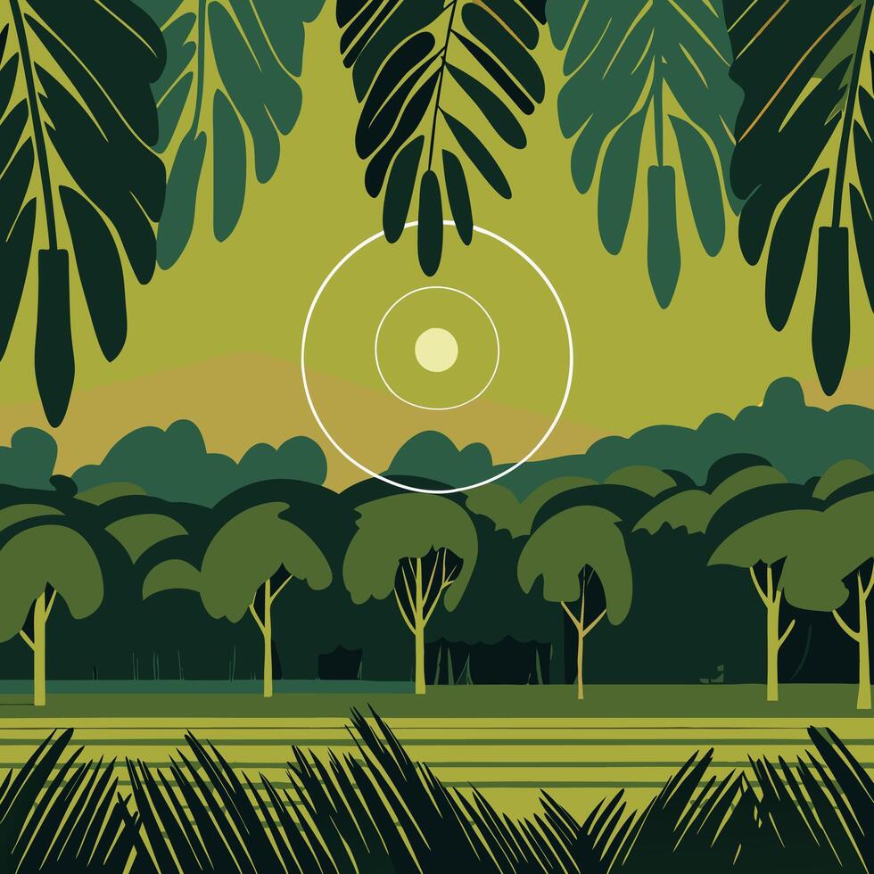 Tranquil Jungle Sunset Lush Greenery, Serene Landscape vector