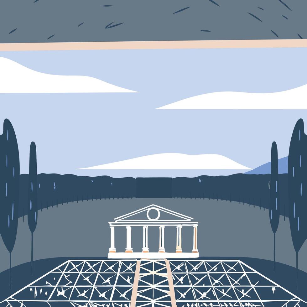 Serene Landscape with Classical Architecture and Geometric Glass vector