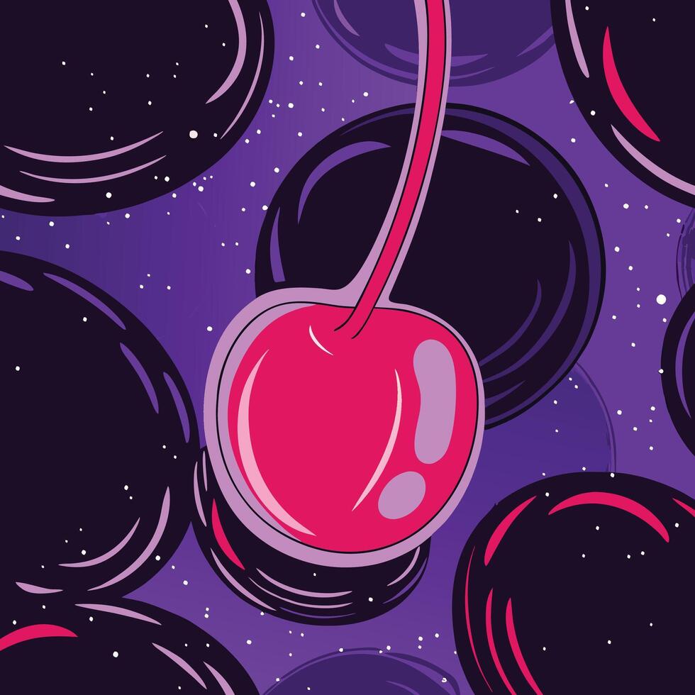 Cosmic Cherry Abstract Fruit Design in Purple Galaxy vector