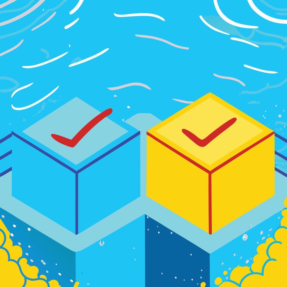 Choices, Options, Decision Making, Checkmarks, Cubes, Blue, Yellow, Selection, Verdict, Alternative vector