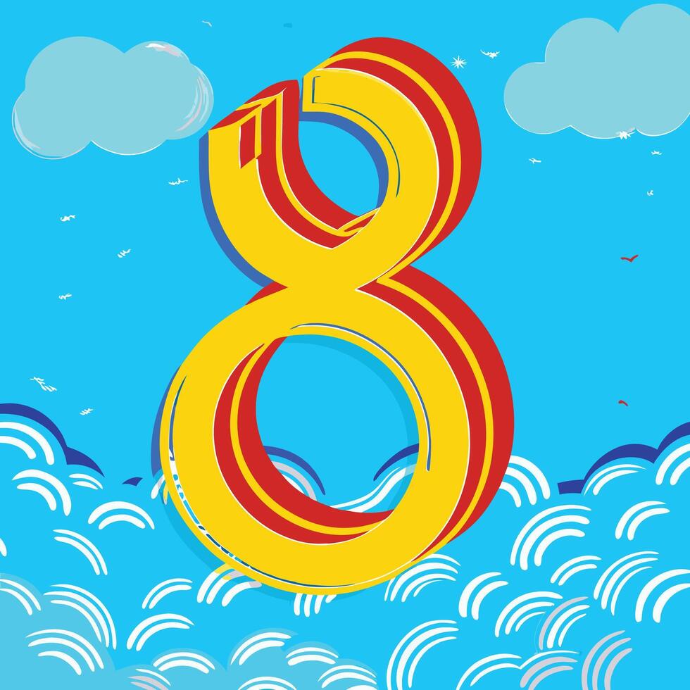 Number Eight, Sky, Ocean Waves, Colorful Design, Summer Vibes, Abstract Art, 3D Number, Bright Colors, Fun Illustration vector