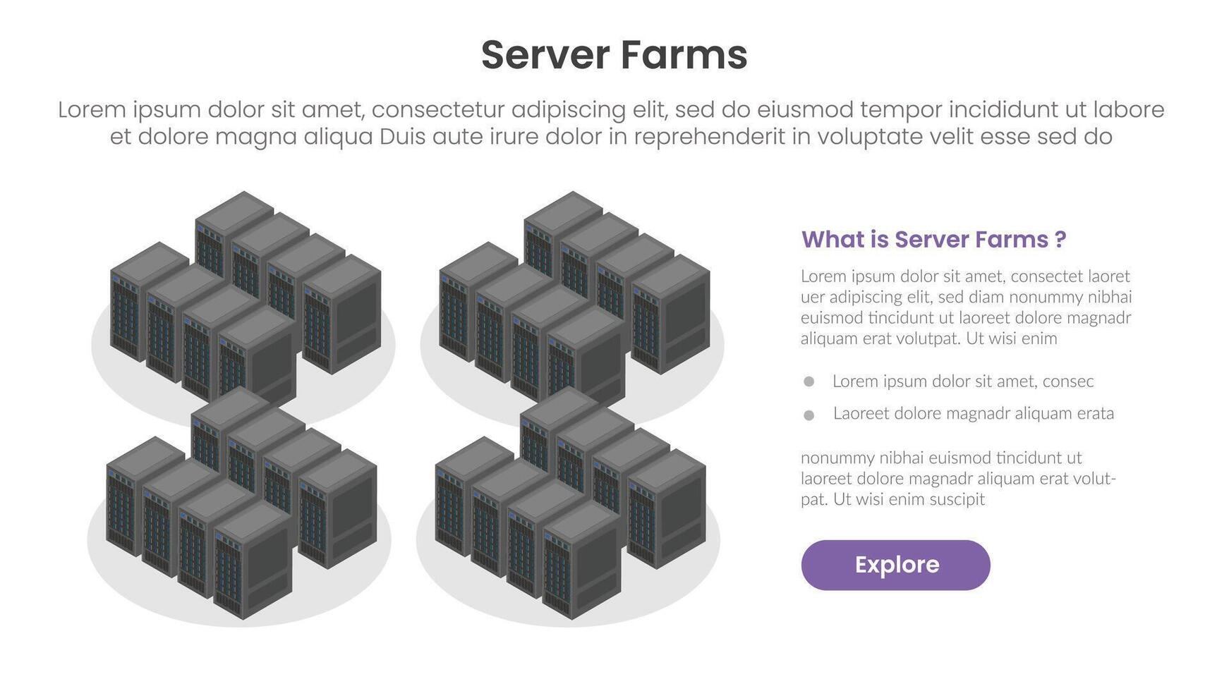 server technology infographic template banner with server farms concept isometric illustration for slide presentation vector