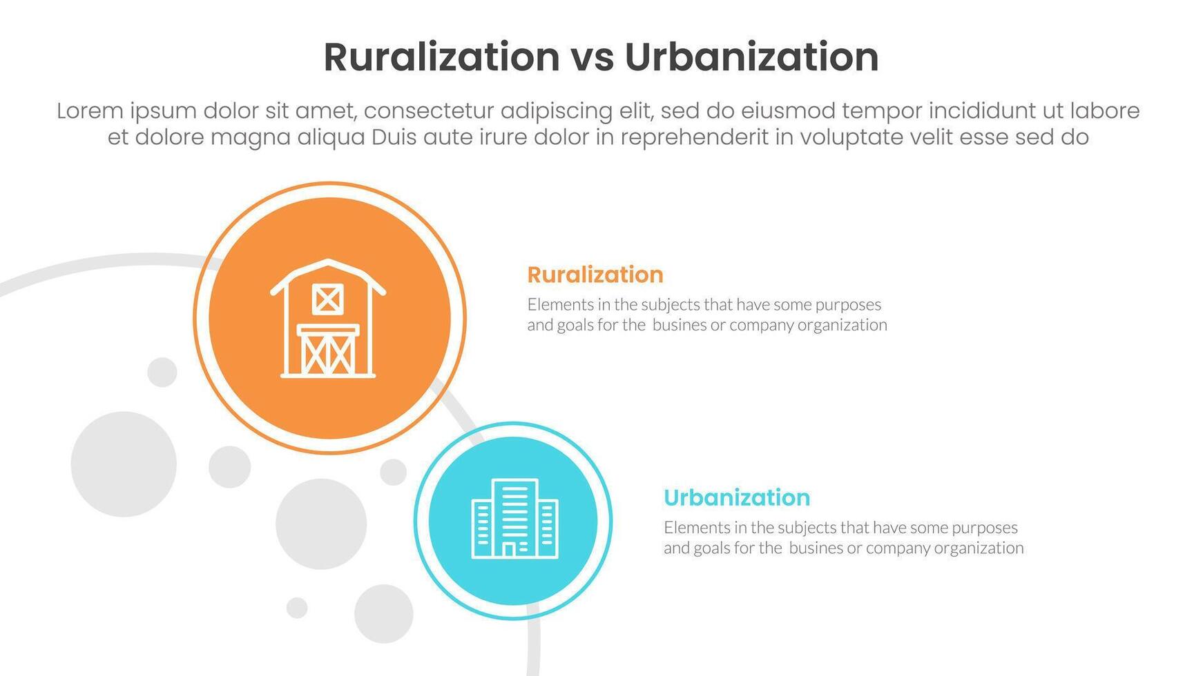 urbanization vs ruralization comparison concept for infographic template banner with big and small circle on left column with two point list information vector