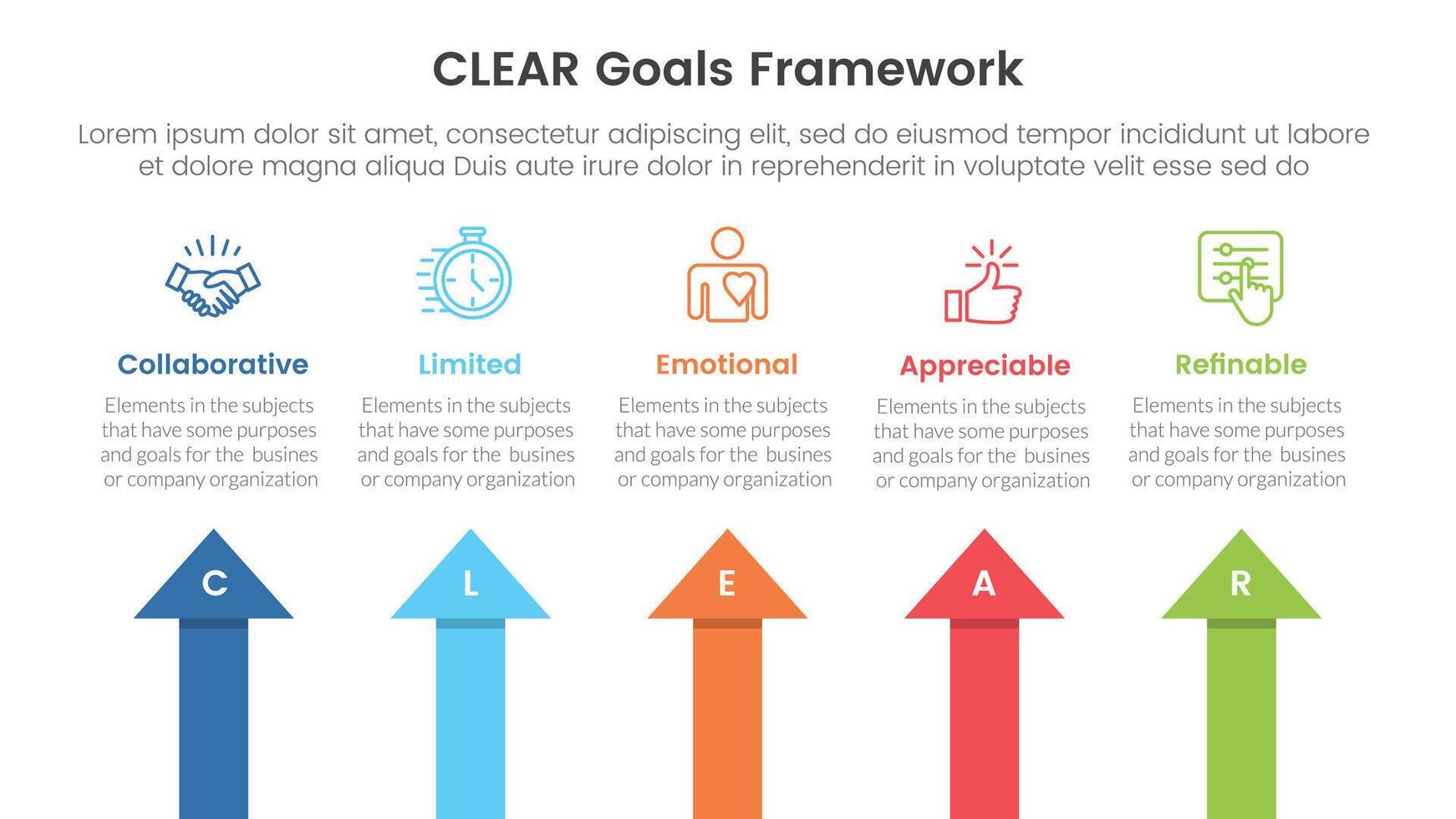 CLEAR goals framework infographic template banner with arrow shape top direction with 5 point list information for slide presentation vector