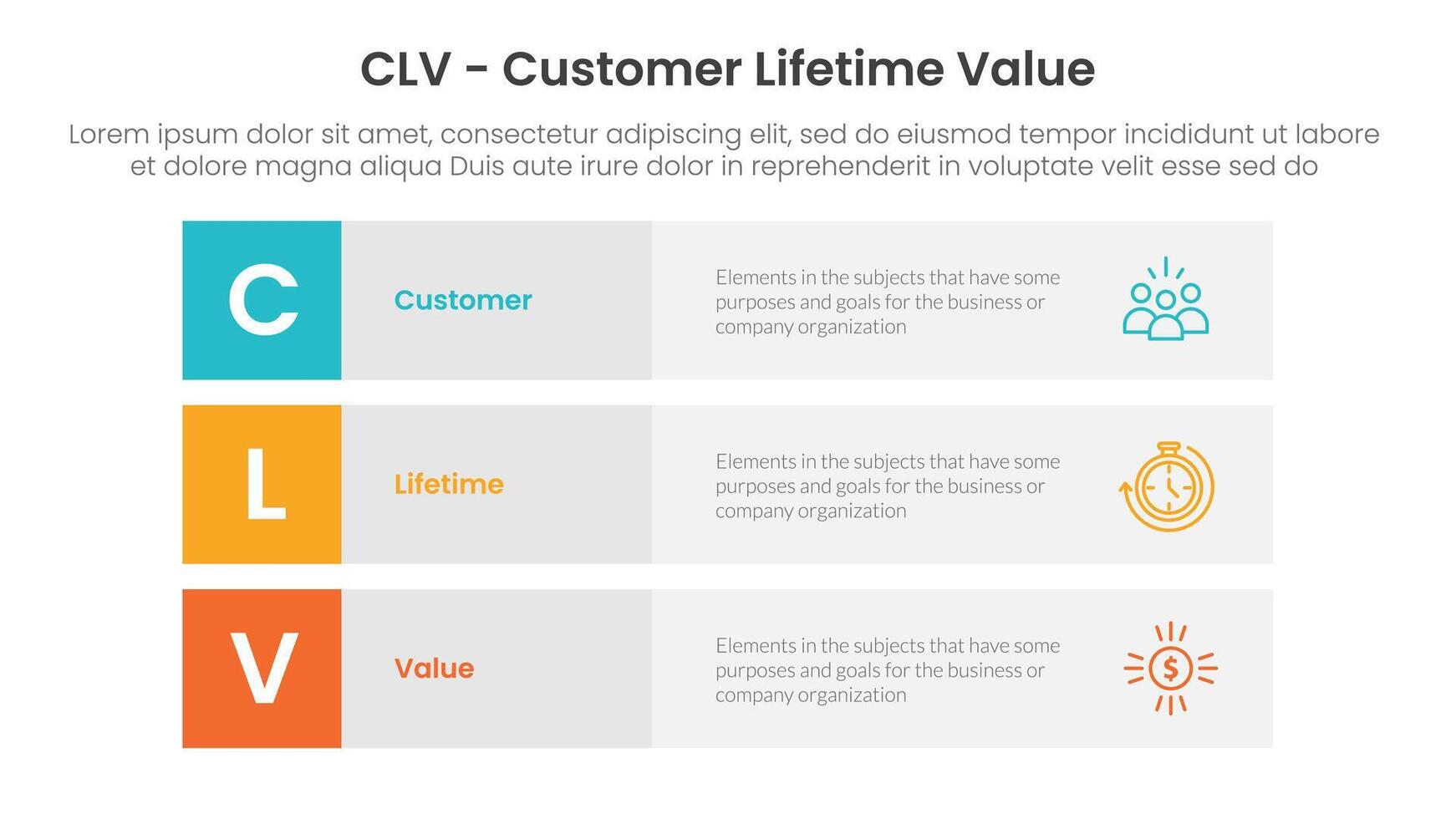 CLV customer lifetime value infographic 3 point with 3 block row rectangle content stack for slide presentation vector