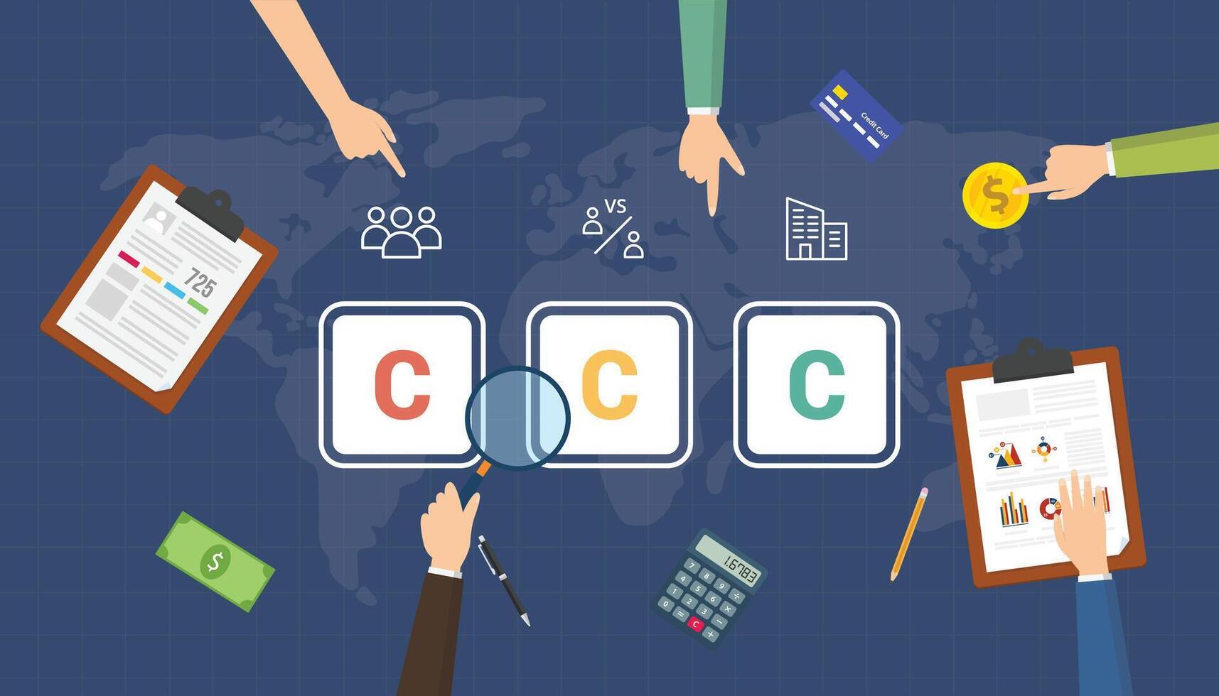 3C business model framework with teamwork brainstorming at the table with world maps view from top vector