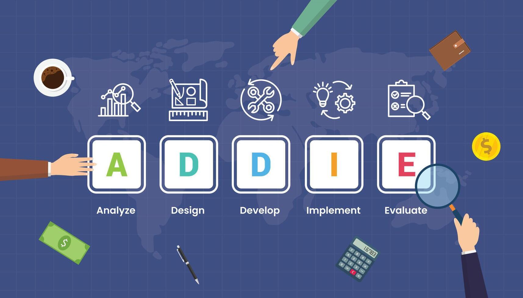 ADDIE training development model with teamwork brainstorming at the table with world maps background view from top vector