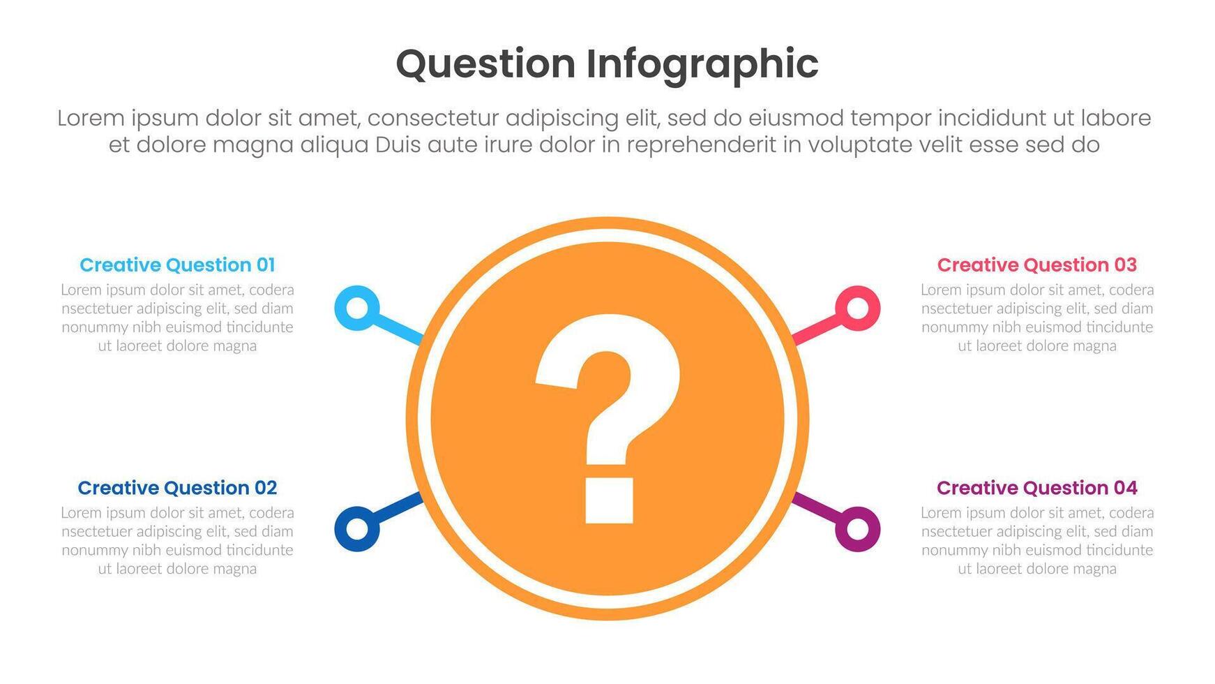 question infographic template banner with big circle center with line spreading pointer 4 points for slide presentation vector