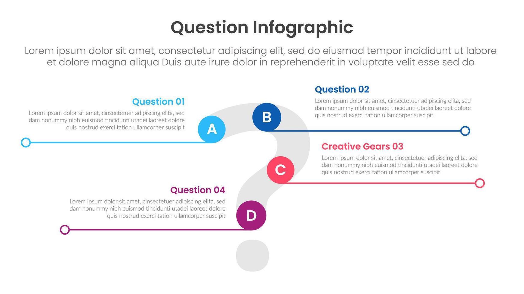 question infographic template banner with big question and circle along shape with 4 points for slide presentation vector