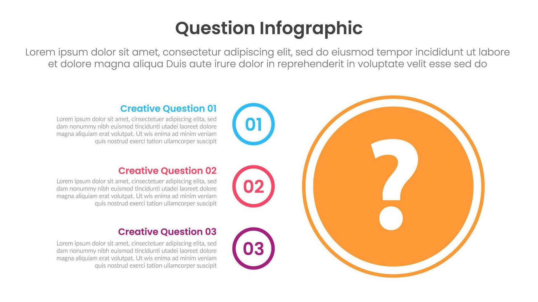 question infographic template banner with big circle on right column and circle outline stack with 3 points for slide presentation vector