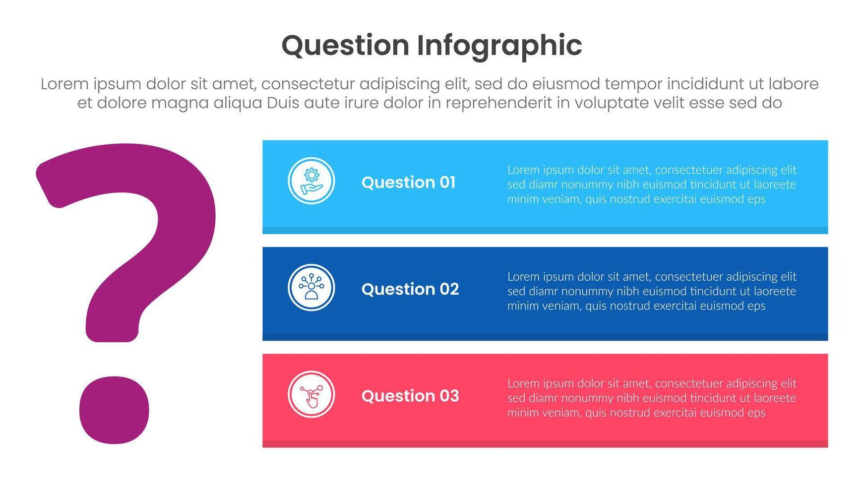 question infographic template banner with big question mark and bold rectangle box container stack with 3 points for slide presentation vector