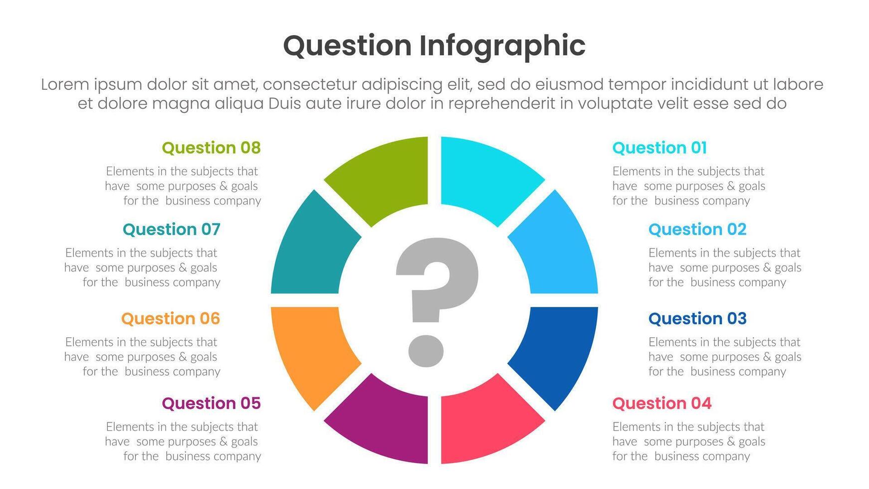 question infographic template banner with big outline circle slice piechart with 8 points for slide presentation vector