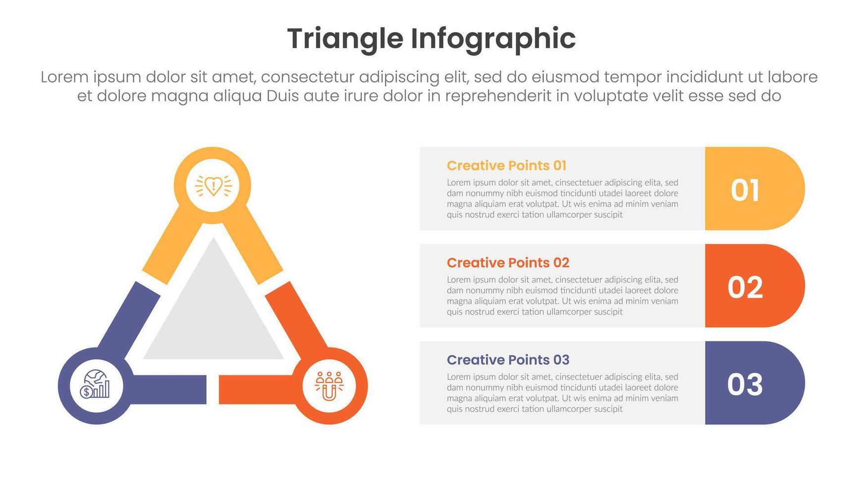 triangle base shape infographic template banner with big triangle and circle on edge with round rectangle box container with 3 point for slide presentation vector