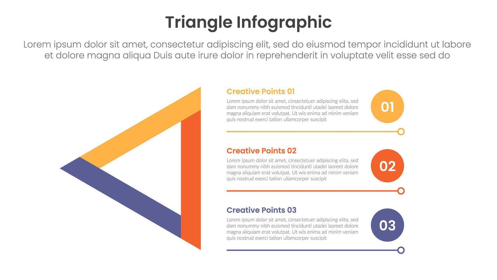 triangle base shape infographic template banner with sharp triangle and circle point list with underline bottom with 3 point for slide presentation vector