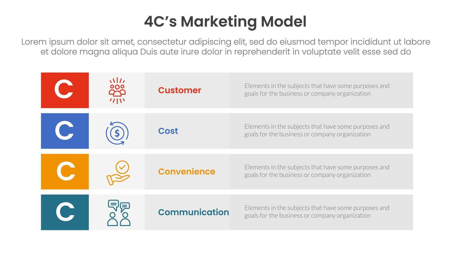 4C marketing model infographic 4 point stage template with long box rectangle box stack for slide presentation vector