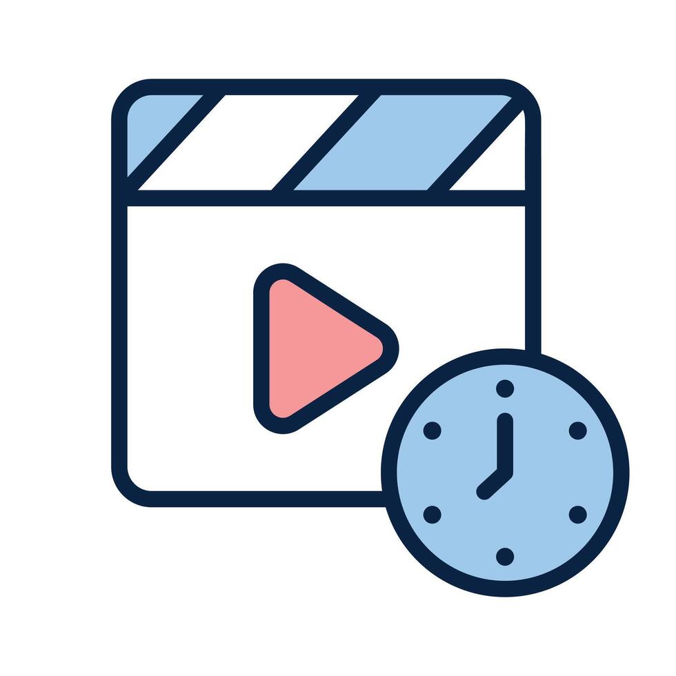 Clapperboard and clock symbolizing a scheduled movie session vector