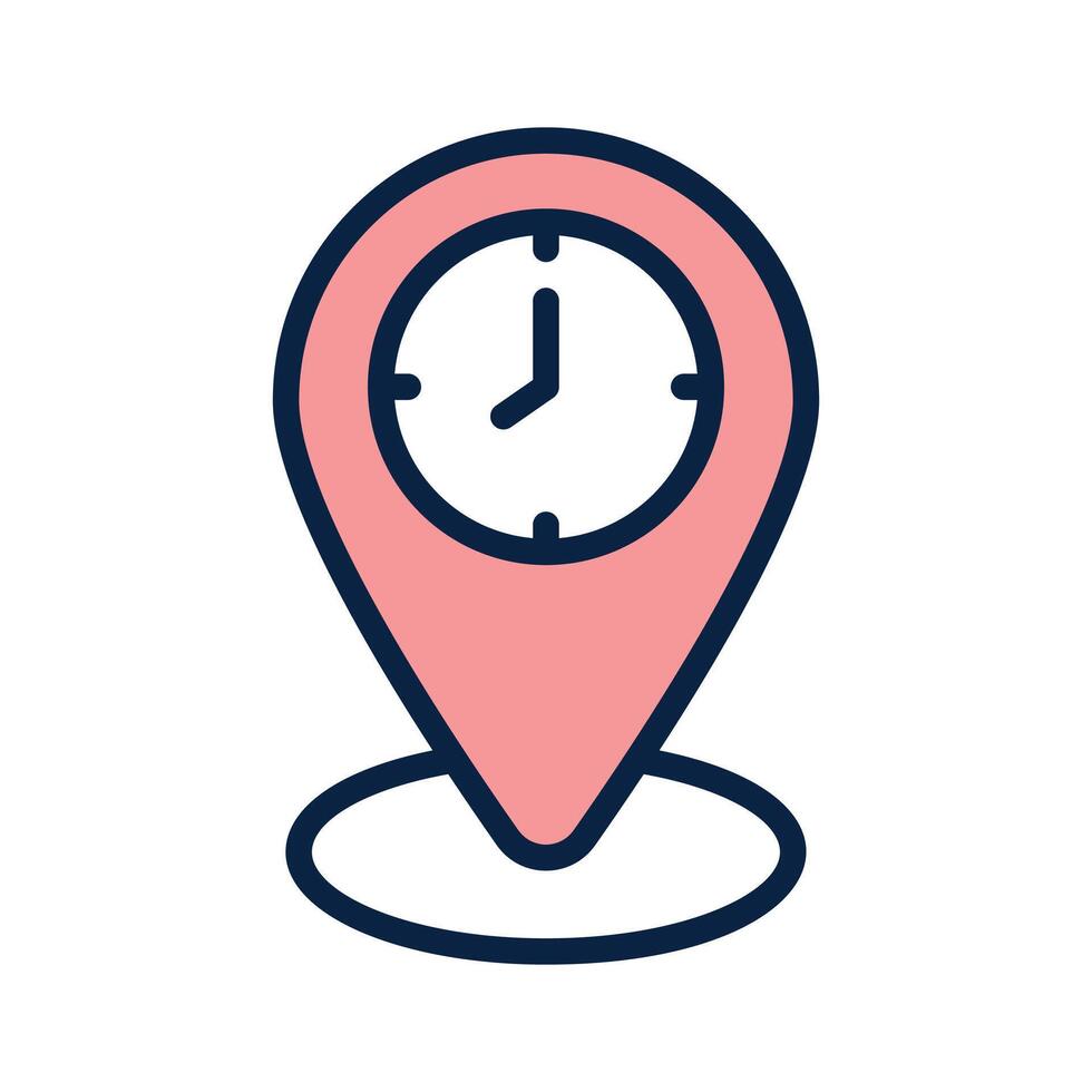 Simple icon of a location pin with a clock face superimposed vector