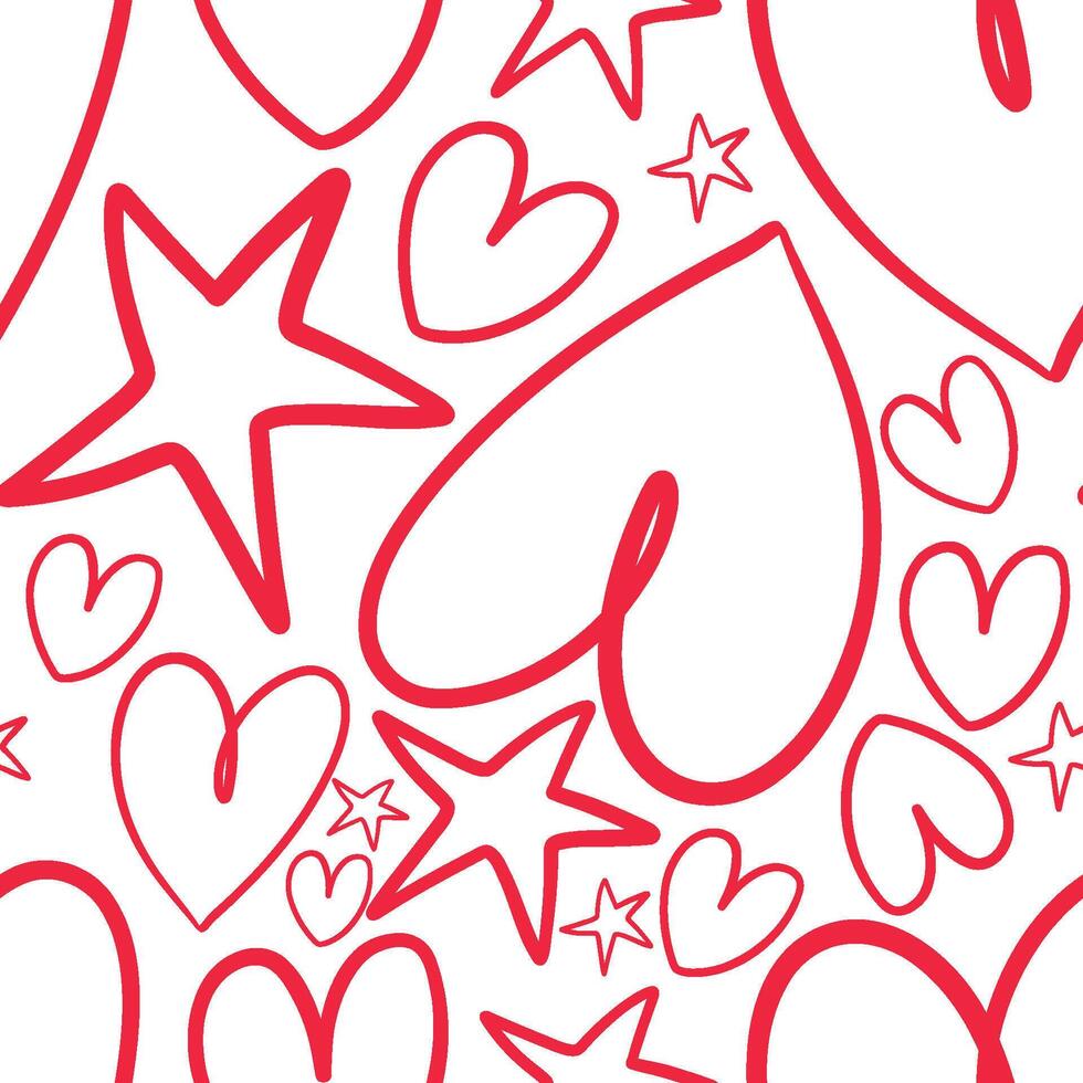Pattern of Red Hearts and Stars in a Fun Doodle Style vector