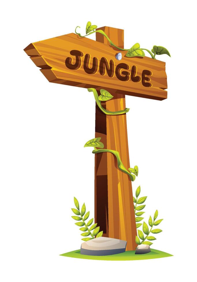Rustic wooden jungle sign covered with vines, surrounded by lush greenery. Cartoon illustration vector