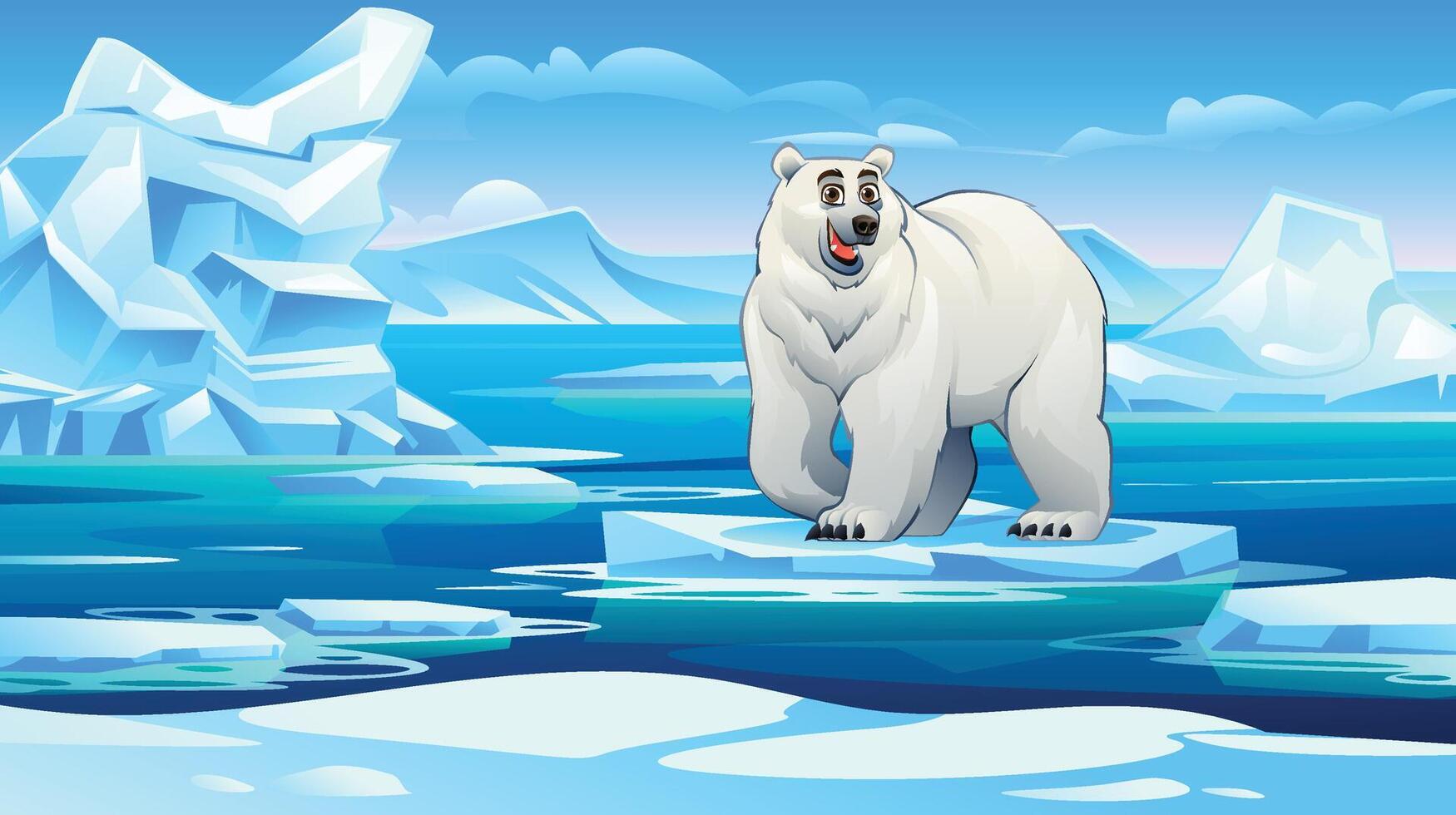 Adorable polar bear standing on an ice floe with a scenic Arctic landscape of icebergs and water. Cartoon illustration vector