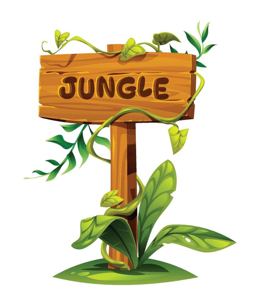 Wooden jungle signpost with vines and surrounded by tropical plants. Cartoon illustration vector