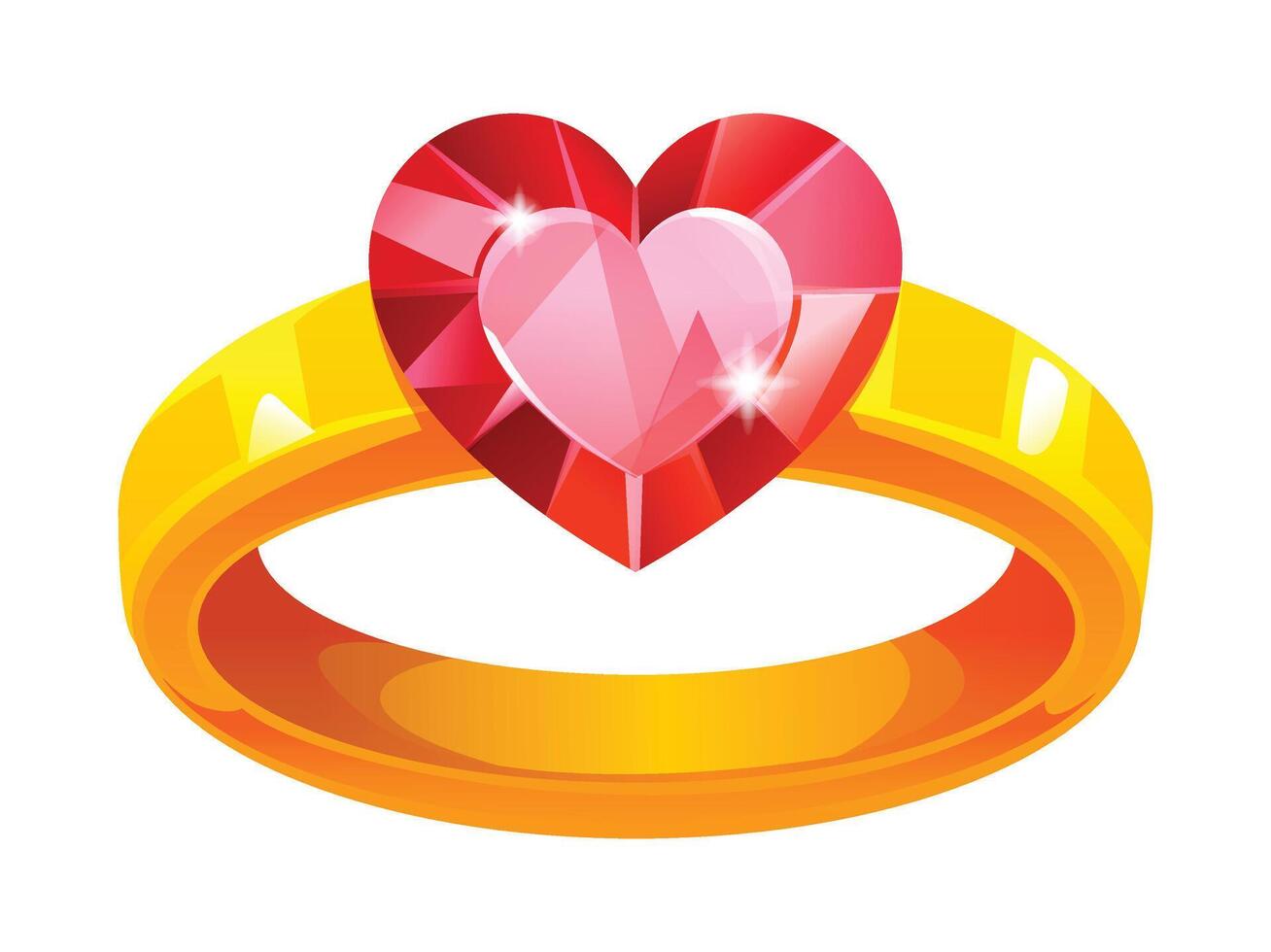 Golden ring with brilliant red heart gemstone, symbolizing love and romance. Cartoon illustration vector