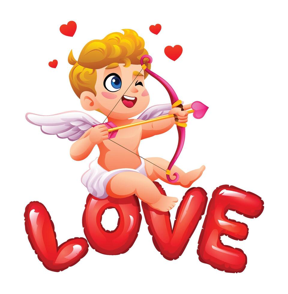 Adorable cupid aiming a heart arrow while sitting on 'LOVE' text shaped balloon. Cartoon illustration vector