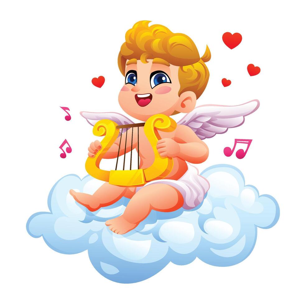 Cute cupid sitting on fluffy clouds while playing a golden harp with love hearts. Cartoon illustration vector