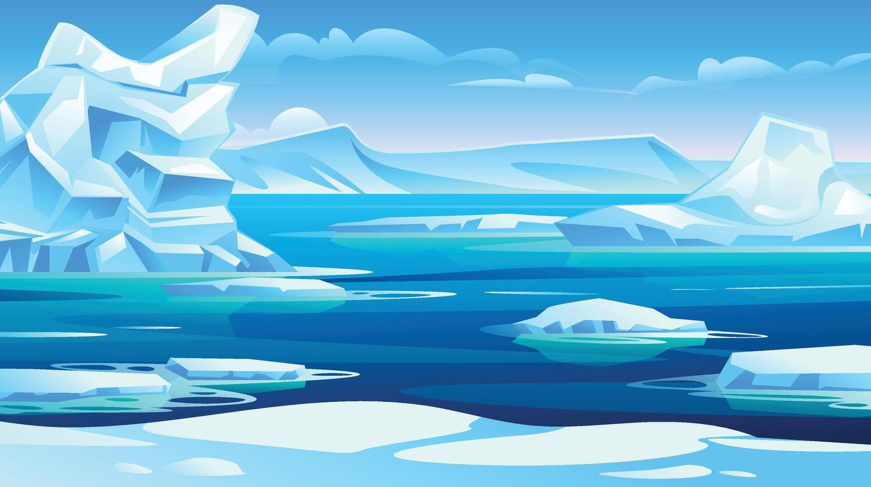 Arctic ice field with diverse ice formations and serene waters under a clear blue sky. Cartoon illustration vector