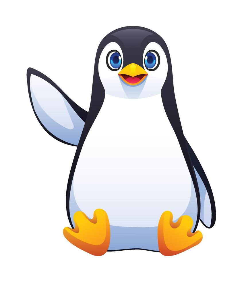 Cute friendly penguin waving while sitting. Cartoon character illustration vector