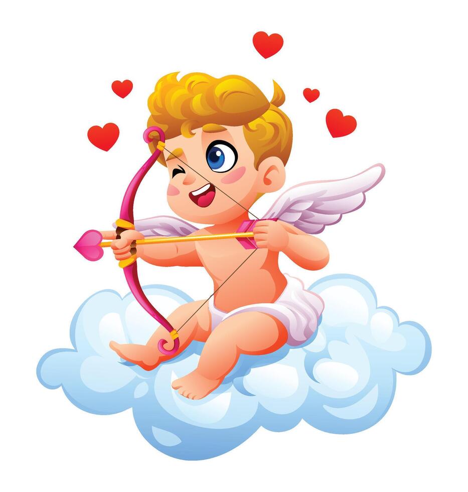 Adorable cupid aiming a heart arrow while sitting on fluffy clouds surrounded by love hearts. Cartoon illustration vector