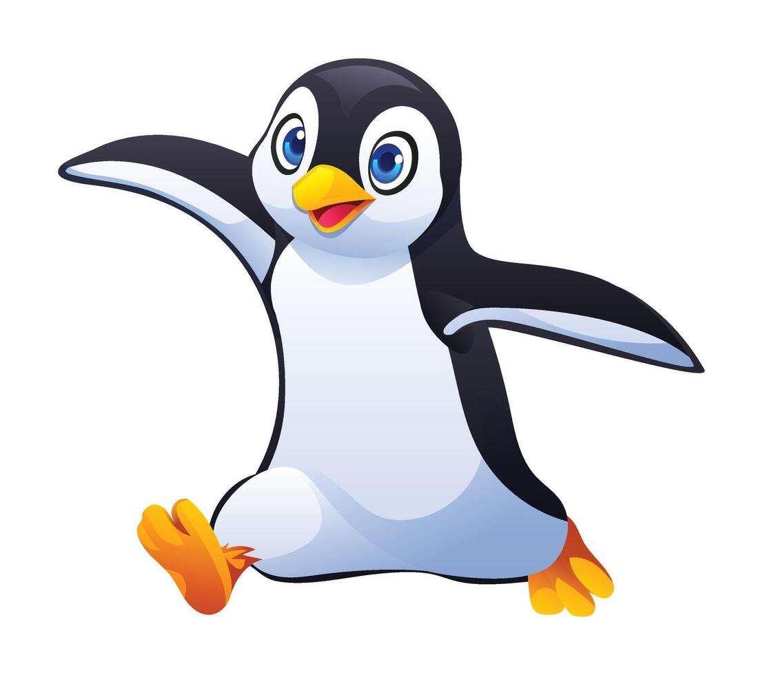 Adorable penguin walking with arms wide open. Cartoon character illustration vector