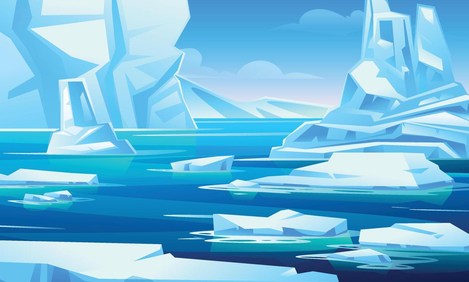 Arctic seascape featuring towering icebergs and floating ice chunks in clear blue water. Cartoon illustration vector