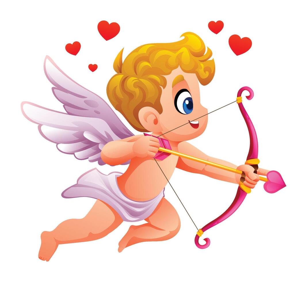 Adorable cupid aiming a heart tipped arrow with love hearts around. Cartoon illustration vector