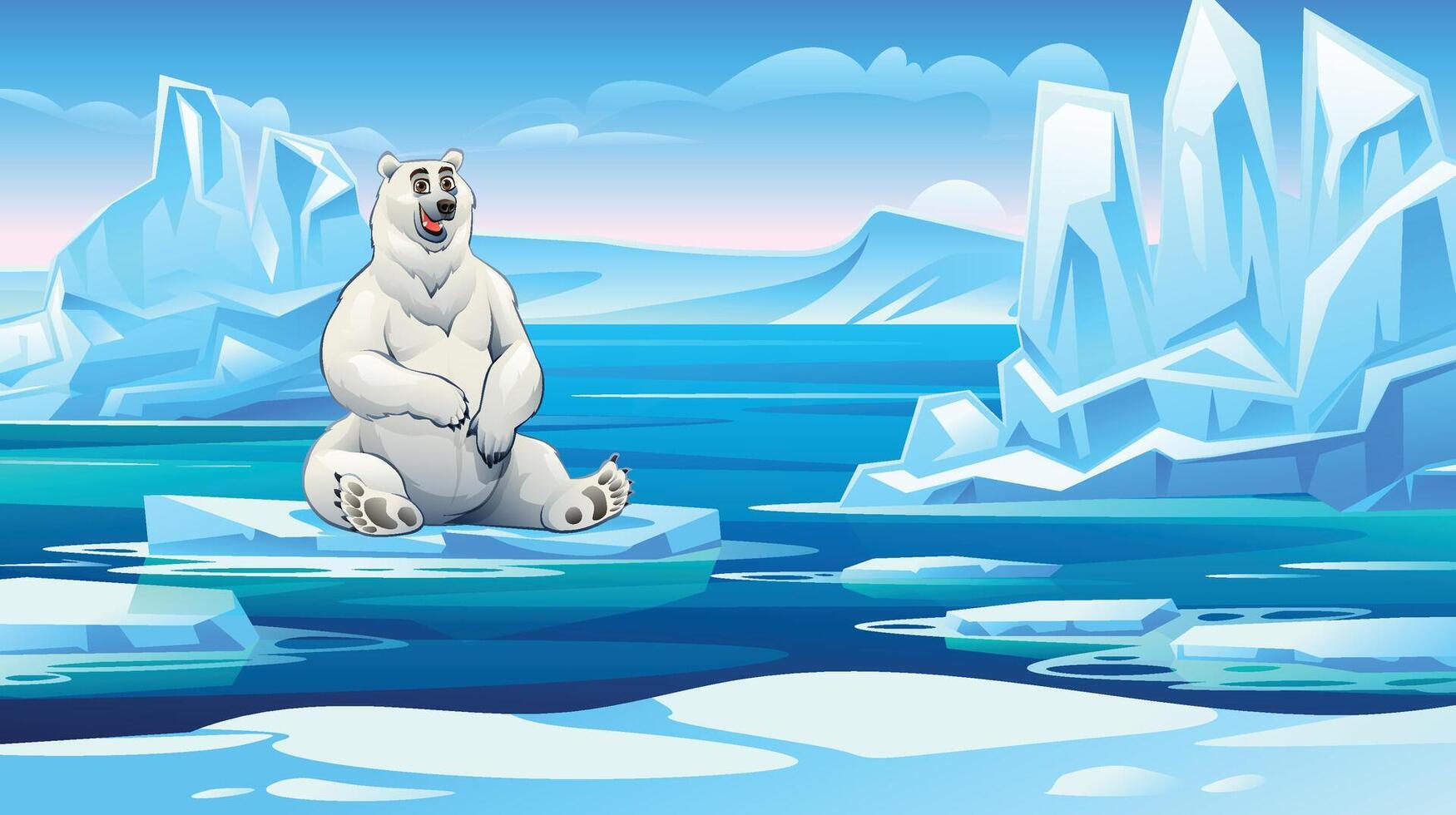 Playful polar bear sitting on an ice floe with scenic Arctic ice formations in the background. Cartoon illustration vector