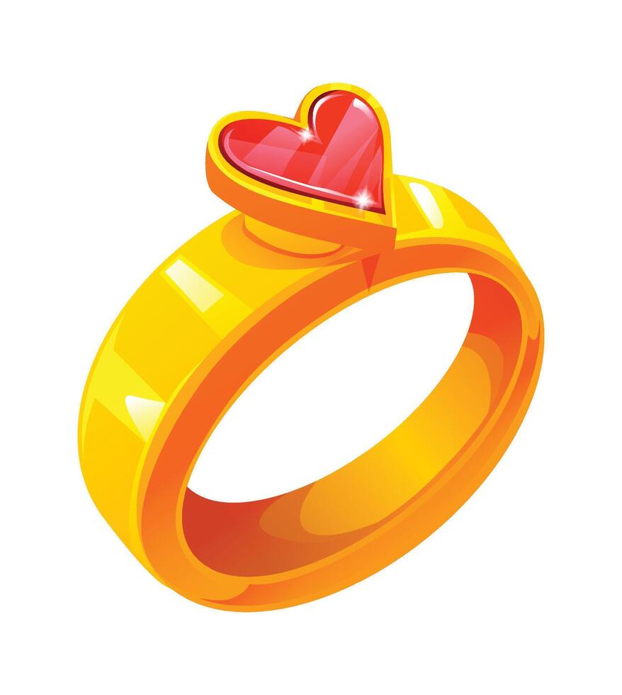 Golden ring with red heart shaped gemstone, symbolizing love and romance. Cartoon illustration vector