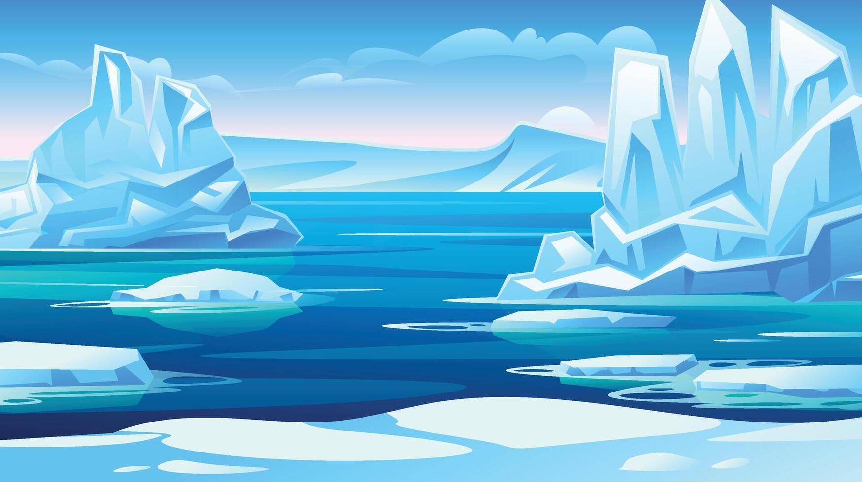 Beautiful Arctic seascape with large icebergs floating in clear blue water under a sunny sky. Cartoon illustration vector