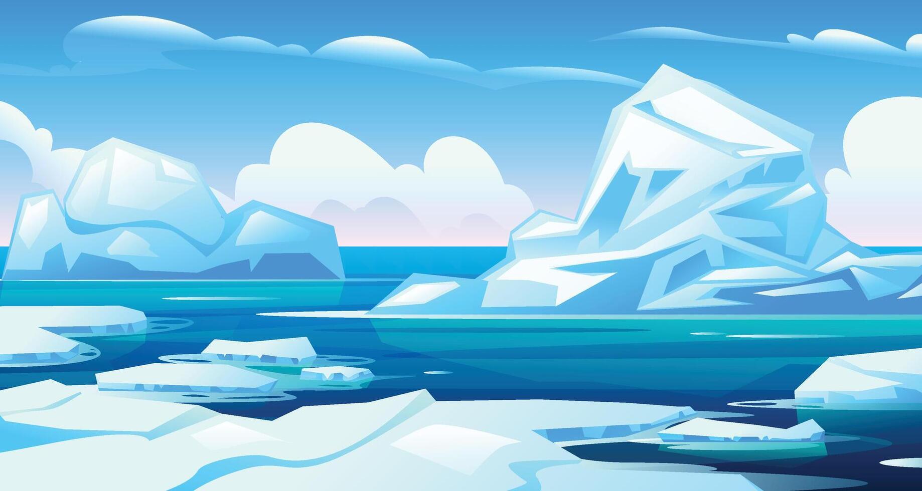 Arctic landscape with massive icebergs and calm blue waters under a sunny sky. Cartoon illustration vector